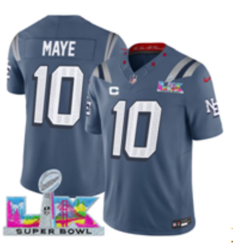 Men 2026 New England Patriots #10 Maye Blue Super Bowl Nike Limited NFL Jersey style 07